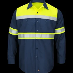 Red Kap Hi-Visibility Long Sleeve Color Block Ripstop Work Shirt - Type O, Class 1 Fluorescent Yellow / Navy New