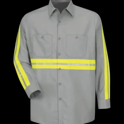 Red Kap Long Sleeve Enhanced Visibility Industrial Work Shirt Grey w/ Yellow Visibility Trim Sale