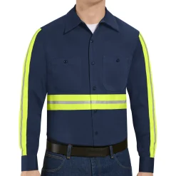 Red Kap Long Sleeve Enhanced Visibility Cotton Work Shirt Navy w/ Yellow Visibility Trim Discount