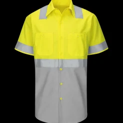 Red Kap Men's High Visibility Short Sleeve Color Block Ripstop Work Shirt - Type R, Class 2 Fluorescent Yellow / Grey Ripstop Online