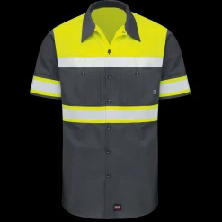 Red Kap Men's Hi-Visibility Short Sleeve Color Block Ripstop Work Shirt - Type O, Class 1 Fluorescent Yellow / Charcoal Fashion