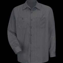 Red Kap Men's Long Sleeve Industrial Striped Work Shirt Charcoal w/ Blue / White Stripe Fashion
