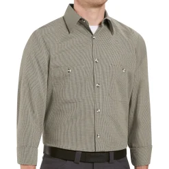 Red Kap Men's Long Sleeve Microcheck Uniform Shirt Khaki / Black Microcheck Discount