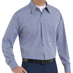 Red Kap Men's Long Sleeve Mini-Plaid Uniform Shirt White / Blue Mini Plaid New