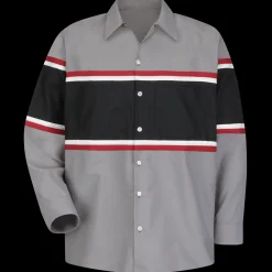 Red Kap Men's Long Sleeve Technician Shirt Grey / Black w/Red / White Stripe Fashion