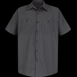 Red Kap Men's Short Sleeve Striped Work Shirt Charcoal w/ Blue / White Stripe Fashion