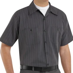 Red Kap Men's Short Sleeve Striped Work Shirt Charcoal w/ Blue / White Stripe Fashion