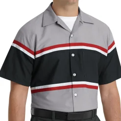 Red Kap Men's Short Sleeve Technician Shirt Grey / Black w/Red / White Stripe Outlet