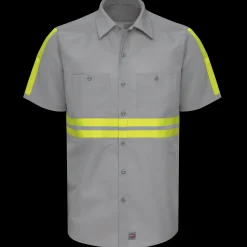 Red Kap Short Sleeve Enhanced Visibility Industrial Work Shirt Grey w/ Yellow Visibility Trim Fashion