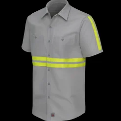 Red Kap Short Sleeve Enhanced Visibility Industrial Work Shirt Grey w/ Yellow Visibility Trim Fashion