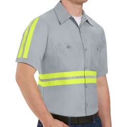 Red Kap Short Sleeve Enhanced Visibility Industrial Work Shirt Grey w/ Yellow Visibility Trim Fashion